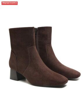 Womens Ankle Boots Low Block Heel Square Toe Side Zip Short Booties